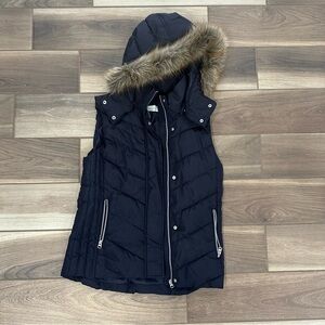 Navy Hooded Vest with Faux Fur Trim